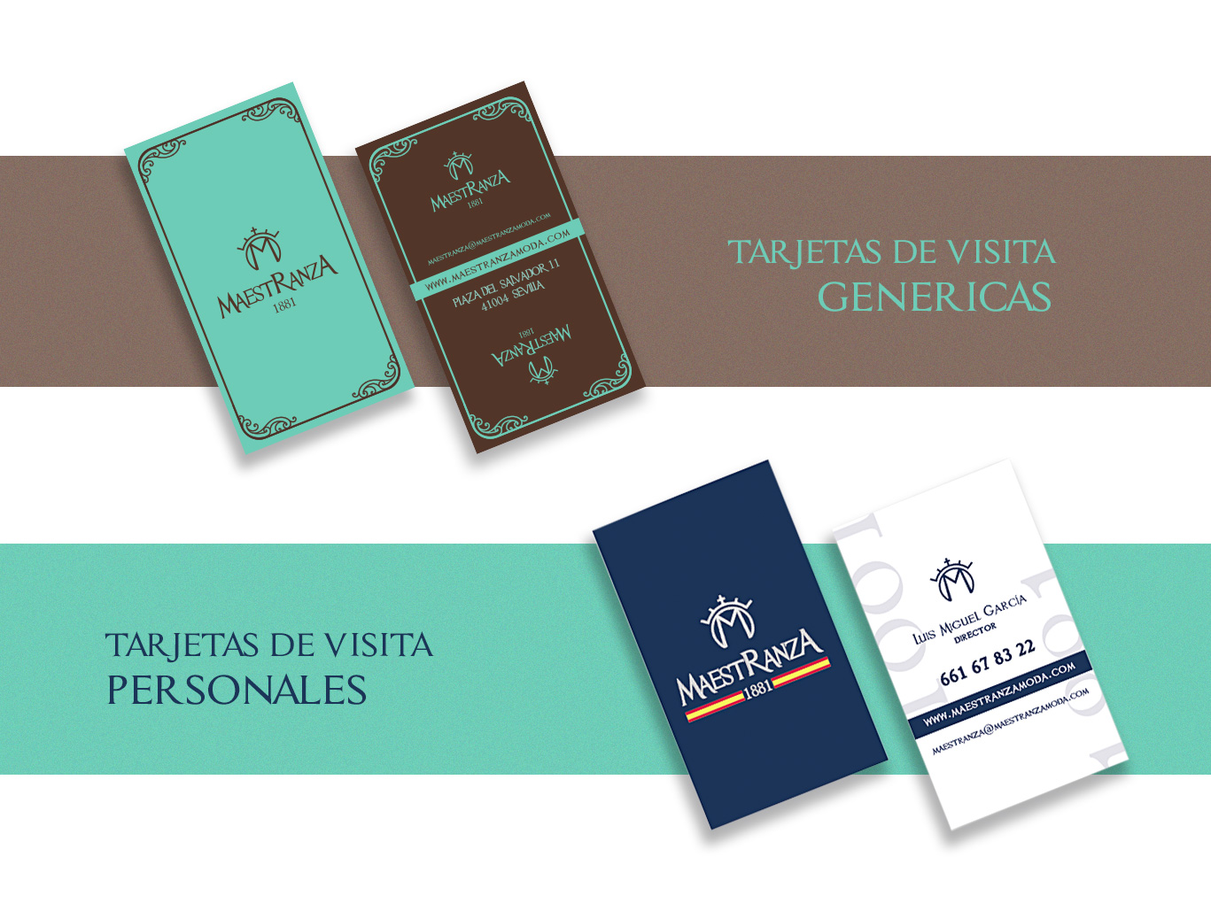 Diseño gráfico Albacete, diseño papelería corporativa, diseño de tarjetas de visita Maestranza Moda, impresión de tarjetas de visita, tarjetas de visita con stamping